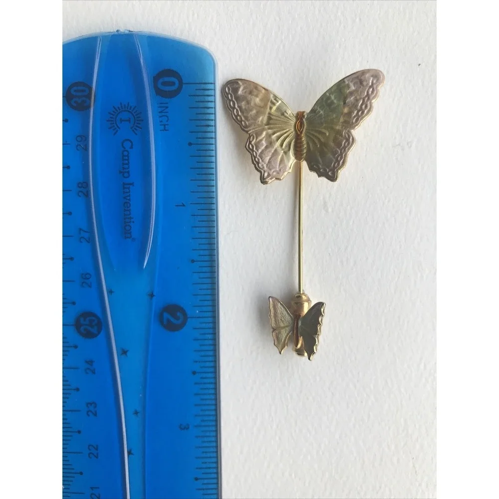 Frosted Pink, Green, Gold Butterfly Vintage Lapel Pin 70s Summer